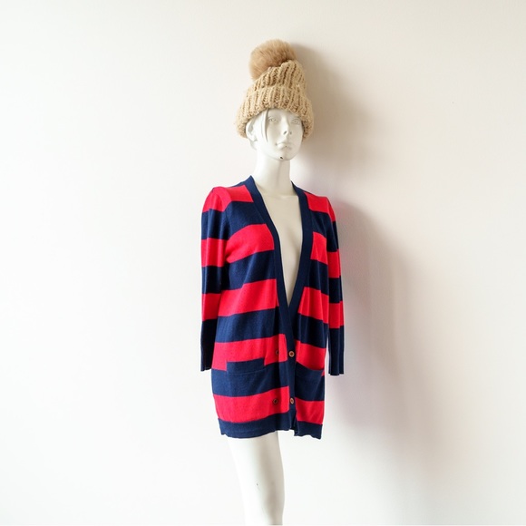 Y2K ** Steven Alan Deep V-Neck Cardigan Navy / Red Stripe - Size S - Picture 11 of 11